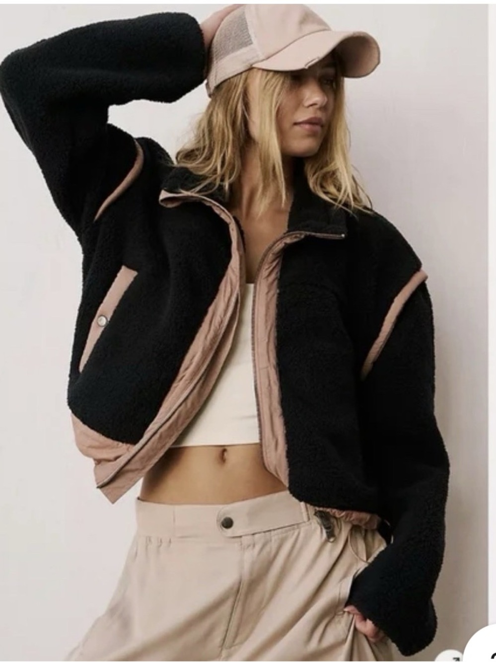 Free People Courtside Black Teddy Jacket with Tan Trim